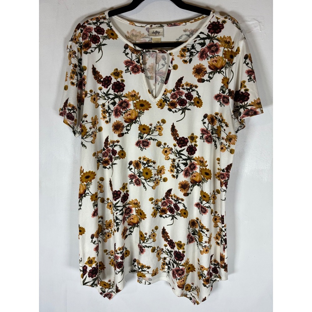 2X Ivory Floral Sharkbite Hem Top Keyhole Stretchy Boho Cottagecore Blouse Top